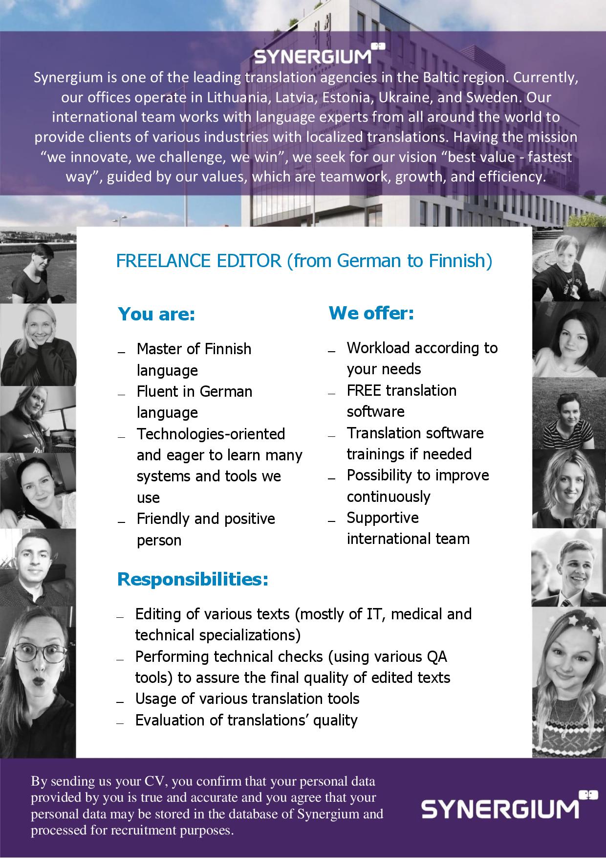  freelance editor from german to finnish job advertisement synergium