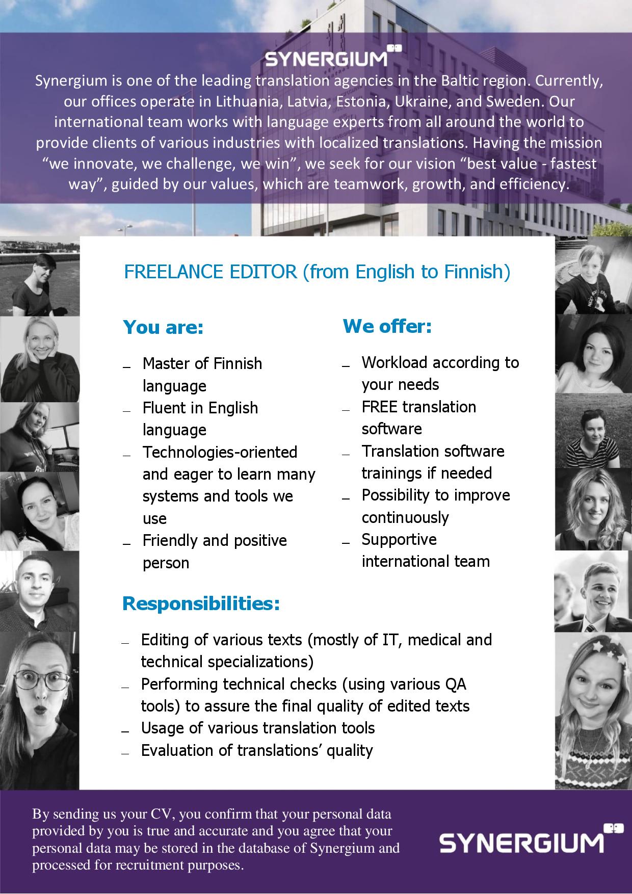  freelance editor from english to finnish job advertisement synergium