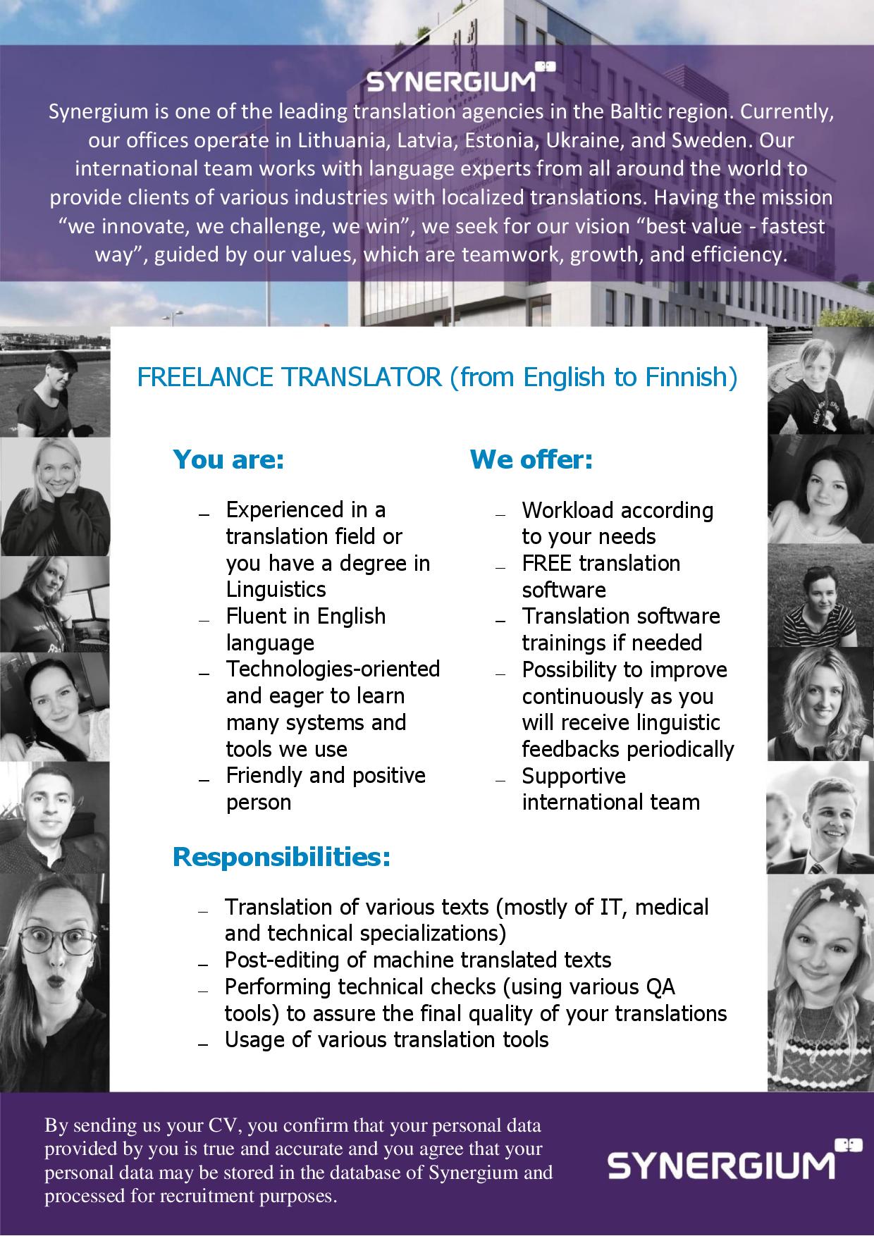 freelance translator from english to finnish job advertisement synergium